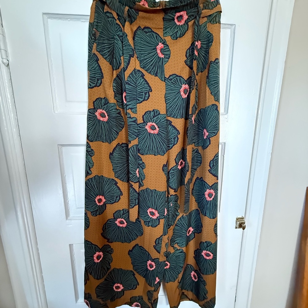Anthropologie Mustard Wide-Leg Floral Palazzo Pants with Green and Pink Blooms